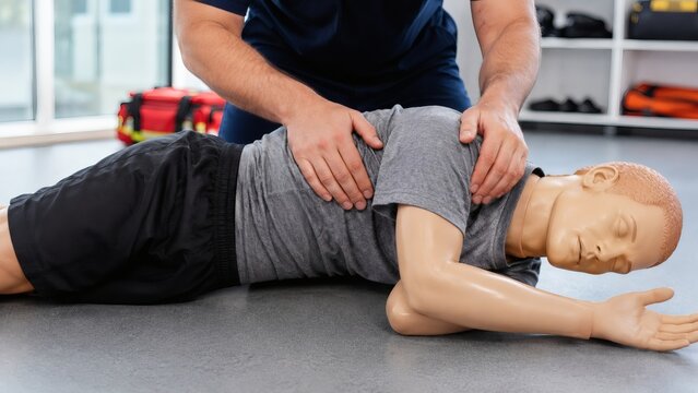 Instructor performing recovery position training on medical cpr manikin with first aid training instructor emergency simulation education