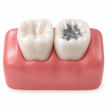 Dental amalgam filling restoring decayed molar tooth beside healthy tooth