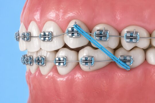Orthodontic braces with blue elastic bands correcting dental bite alignment