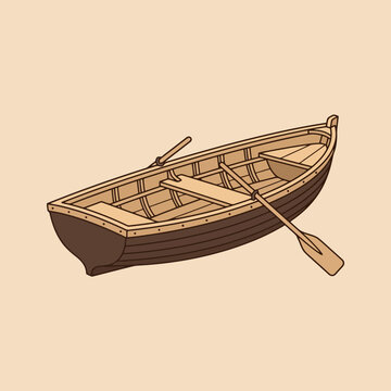 Illustrated wooden rowboat with two oars on a plain beige background