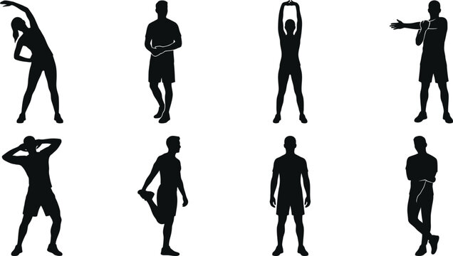 Fitness stretching silhouette collection featuring eight people performing warm up, flexibility, and standing exercise poses isolated on white