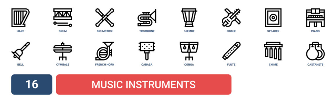 Set of 16 outline web Music Instruments icons such as castanets, chime, flute, conga, cabasa, french horn, cymbals vector icons for report, presentation, diagram, web design, mobile app
