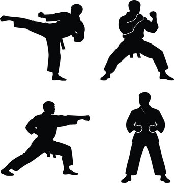 Karate martial arts silhouette collection with four fighter poses including kick, punch, guard, and ready stance illustration