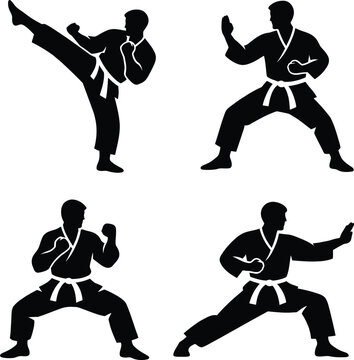 Karate martial arts silhouette set featuring four fighter poses with kicking, guarding, and defensive stances on white background