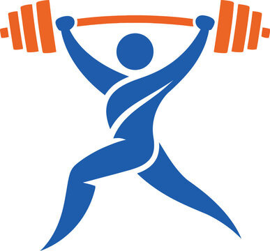 Weightlifting athlete silhouette lifting barbell logo icon in blue and orange minimalist sports fitness design illustration