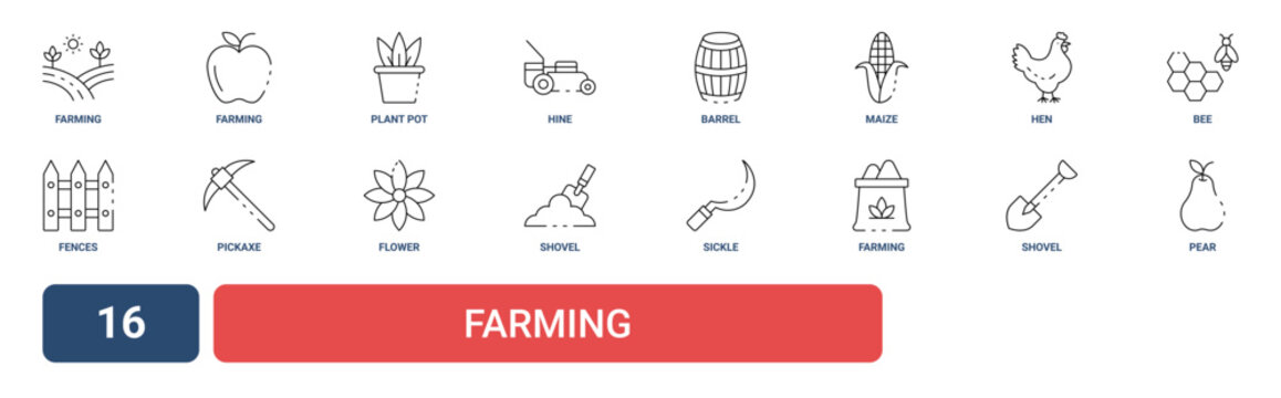 Set of 16 outline web Farming icons such as pear, shovel, farming, Sickle, shovel, flower, pickaxe vector icons for report, presentation, diagram, web design, mobile app
