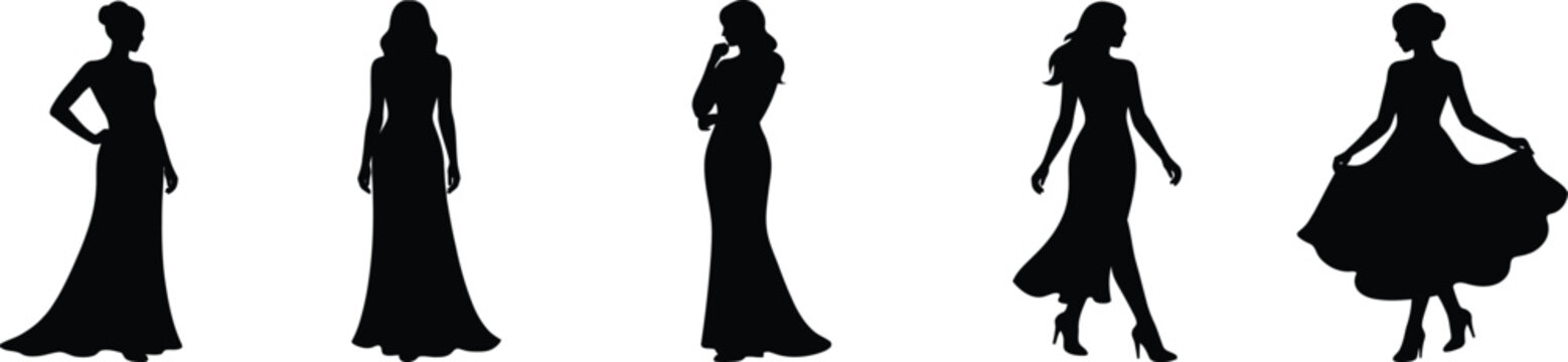 Women silhouette collection featuring five elegant female figures in long dresses and flowing skirt poses isolated on white