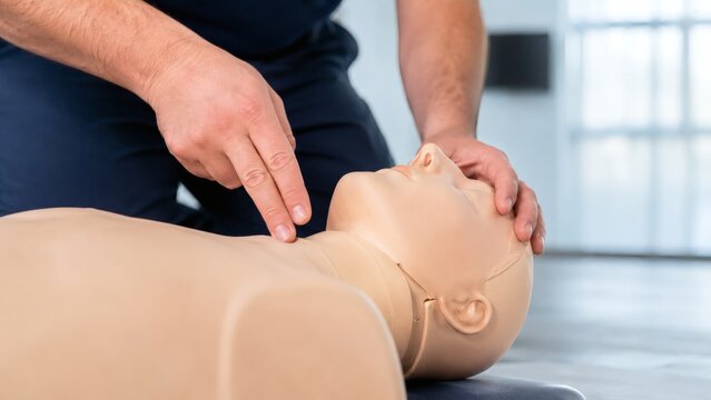 Checking pulse on medical training manikin for first aid with training emergency resuscitation assessment healthcare lifesaving education