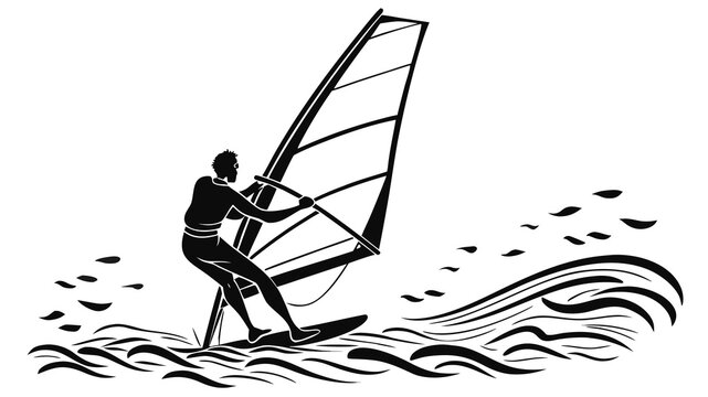 Vector illustration of windsurfer riding a wave on a windsurfing board