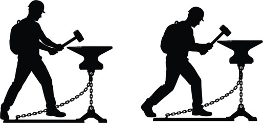 Obraz premium Blacksmith forging on anvil silhouette vector set, metalworking craftsman isolated for industrial workshop design collection illustration