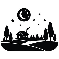 Country house cottage in rural landscape at night silhouette illustration vector graphic.