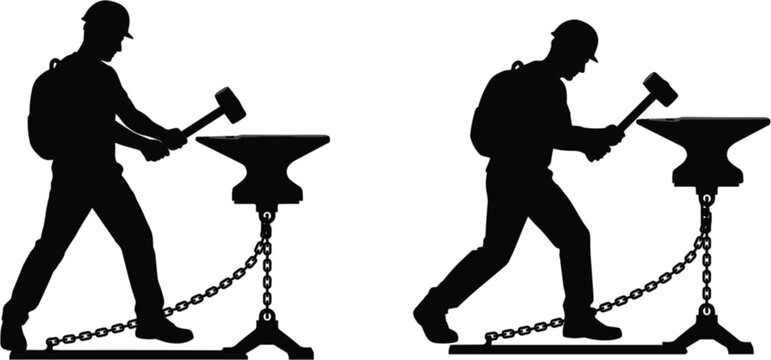 Blacksmith forging on anvil silhouette vector set, metalworking craftsman isolated for industrial workshop design collection illustration