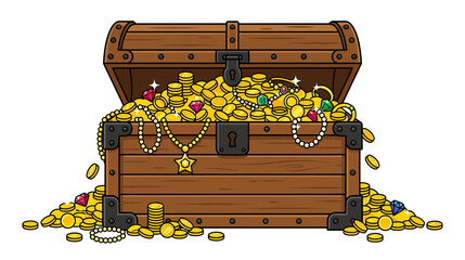 Wooden Treasure Chest Overflowing with Gold Coins and Jewels © tuyun
