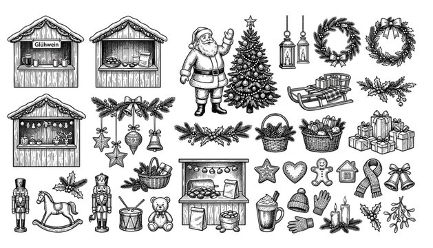 Christmas market set with santa claus, decorated tree, wooden stalls, gifts, toys, wreath, and festive food