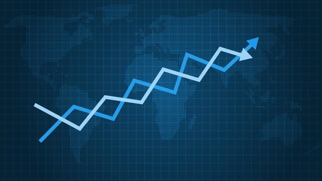 Rising arrows over a world map showing growth, success and global business trend animation