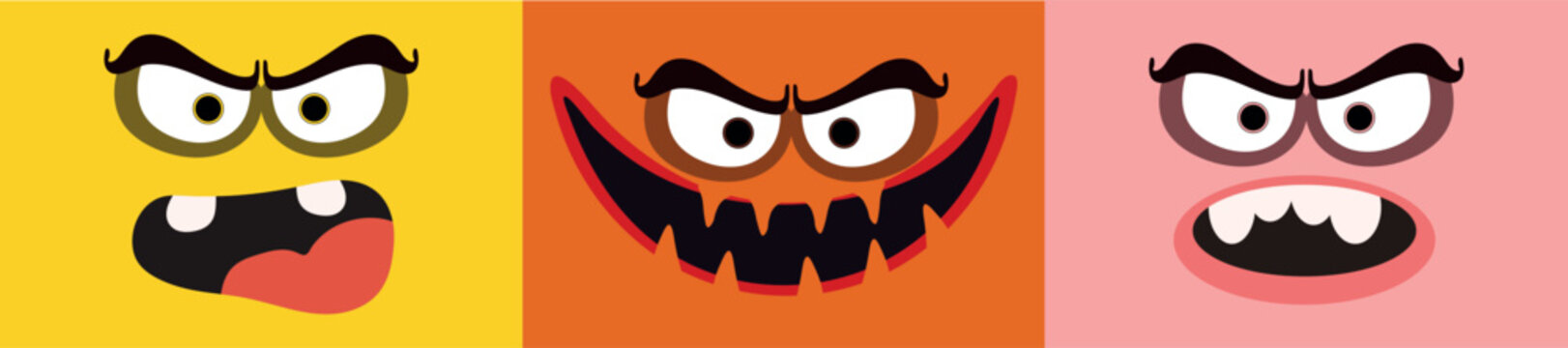 A set of three distinct expressive cartoon faces featuring glasses rendered in a modern vector style. Each character displays a different nuance of an angry or intense emotion presented on vibrant.