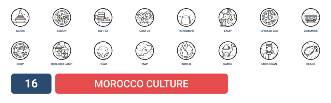 Set of 16 outline web Morocco Culture icons such as Beads, moroccan, camel, world, map, head, b08lz008 lamp vector icons for report, presentation, diagram, web design, mobile app