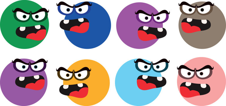 A comprehensive collection of eight diverse expressive cartoon faces each wearing glasses and set on a unique circular background. These vibrant high-quality vector icons are perfect for UI design emo