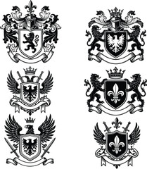 Coat of arms vector set, heraldic crest shields with rampant lion, royal eagles, fleur de lis, crown, knight helmet, lion supporters, swords © Graphiccircle