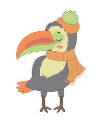Obraz premium Cartoon vector illustration of a cute toucan wearing an orange striped winter hat and scarf, isolated on a white background.