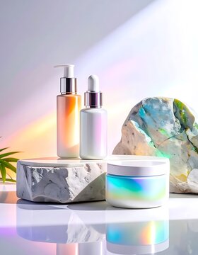 Cosmetic products on marble pedestal display.