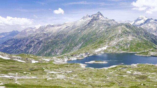 Aerial view of Totesee alpine lake in a rocky basin below