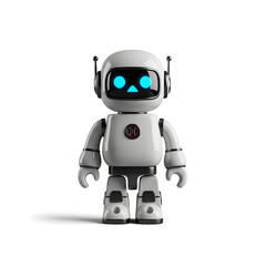 Fototapeta premium Friendly Toy Robot with Expressive Blue Eyes and Sleek White Finish Standing Upright, Detailed 3D Render of Cute AI Character for Technology and Kids Entertainment Concept