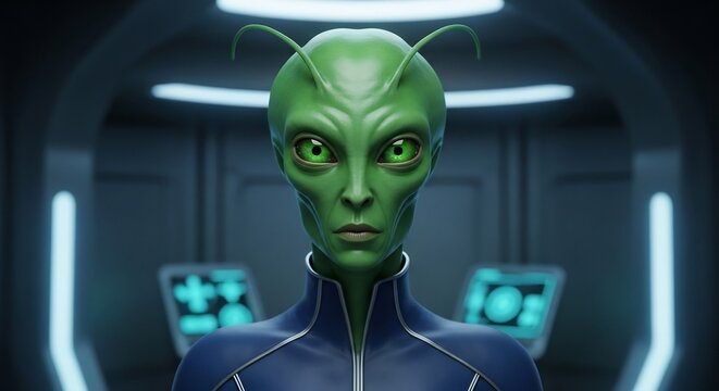 Green alien character in a futuristic spaceship command center.