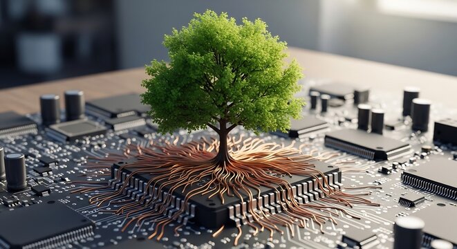 Green deciduous tree growing from a computer motherboard.