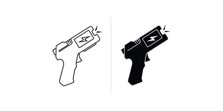 Stun gun and taser weapon icons set with electric bolt symbol for security and self defense concepts