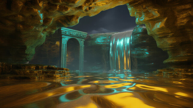 A mystical ancient stone archway stands in a serene cave with glowing water