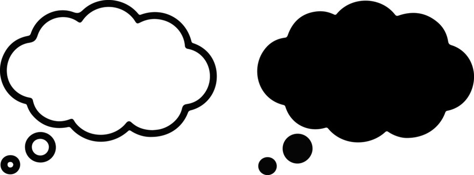 Thought bubble icon set in black and white outline and solid shapes for thinking or communication design