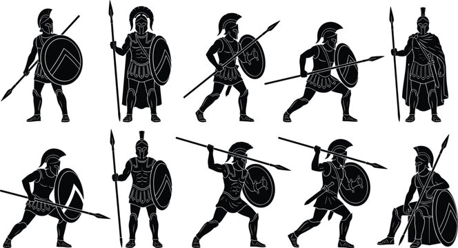 Ancient spartan warrior silhouette set featuring greek soldiers with spears shields and helmets for historical design layouts