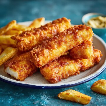 Crispy golden battered fish fingers and thick cut potato fries served on a white plate over a blue textured background, delicious seafood meal with tartar sauce and bright natural light.