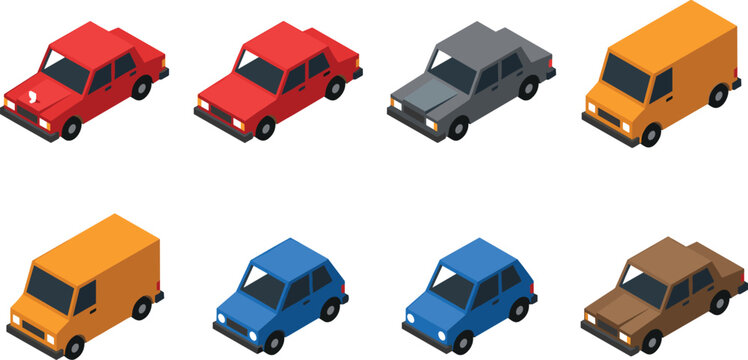 Isometric Low Poly City Vehicles Collection Featuring Red Grey and Brown Sedans Yellow Vans and Blue Hatchbacks for Map Creation Game Assets and Traffic Graphic Designs