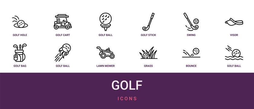 Set of 12 outline web Golf icons such as golf ball, bounce, grass, lawn mower, golf ball, golf bag, visor vector icons for report, presentation, diagram, web design, mobile app