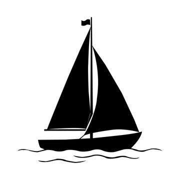 Minimalist Black Sailboat Silhouette on Ocean Waves Vector Illustration. Resizable and editable, EPS 10.