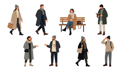 Set of people in autumn or winter clothes walking, standing, and sitting on a bench