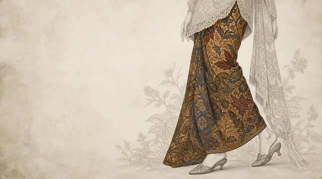 Graceful Step of Javanese Woman Wearing Lace Kebaya and Batik Skirt for Fashion Banner Template