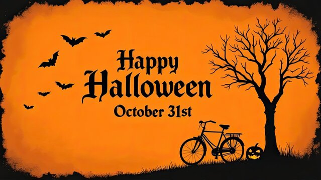 Happy halloween october 31st spooky night bats tree bicycle pumpkin