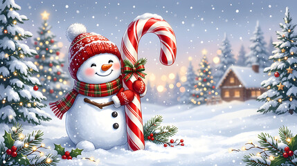 Obraz premium Cute Christmas snowman hugging a giant candy cane, smiling face, red mittens, festive winter outfit, adorable holiday illustration, clean composition, copy space, commercial stock illustration,