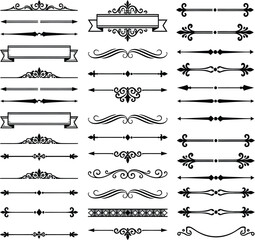 Filigree dividers vector set, vintage calligraphic page dividers, decorative horizontal text lines, ribbon banner frame vignettes, fleur de lis flourishes, black line art © Graphiccircle