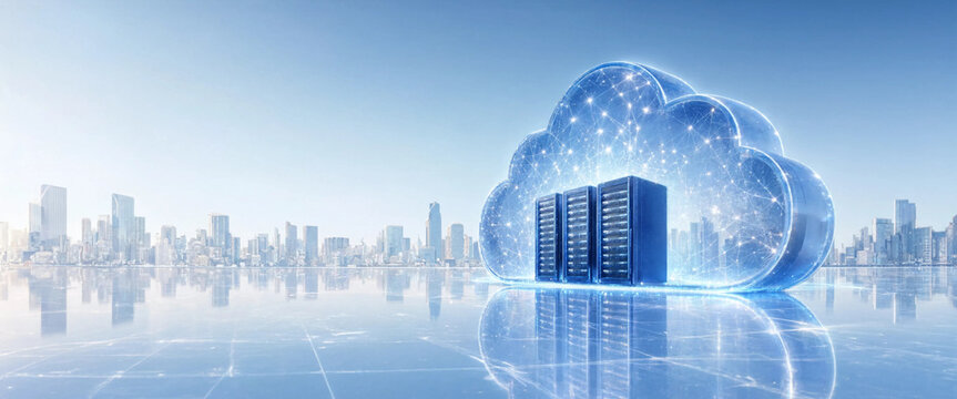 Futuristic cloud computing concept with digital data servers and glowing network connections over modern cityscape computing technology internet infrastructure database connection