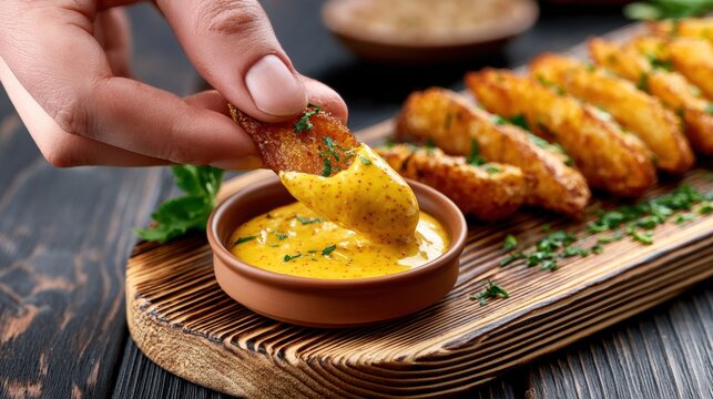Close up of crispy potato wedge being dipped into creamy mustard sauce. Golden roasted potato wedges served on rustic wooden board with fresh herbs