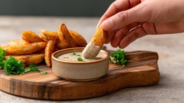 Freshly roasted potato wedges served with creamy mustard dipping sauce on wooden serving board. Close up comfort food appetizer