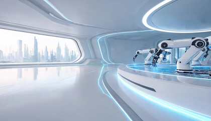 Obraz premium Advanced robotic arms in futuristic high tech corporate research facility with robotics futuristic technology laboratory research automation corporate architecture interior advanced