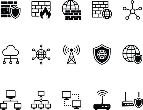 Cyber Security Network & Firewall Icon Set &ndash; Network Protection, Firewall, Server, Router and Secure Connection