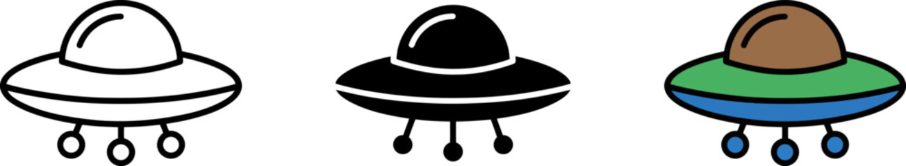 Three cartoonish UFOs flying in different colors and designs  isolated on white background © vector2029