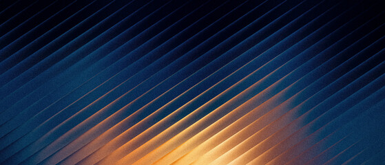 Ribbed abstract background with diagonal lines and glowing golden light, dark blue textured surface with soft warm illumination © Rahman