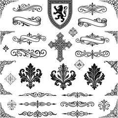 Heraldic ornaments vector set, rampant lion shield coat of arms, ornamental christian cross, filigree scroll dividers, acanthus fleur de lis, corner frame © Graphiccircle